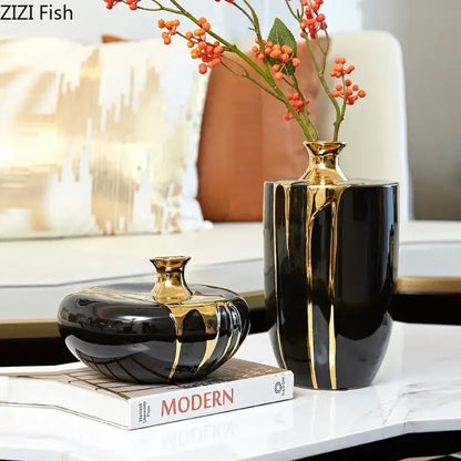 Elegant black & gold ceramic vase set living room luxury decor