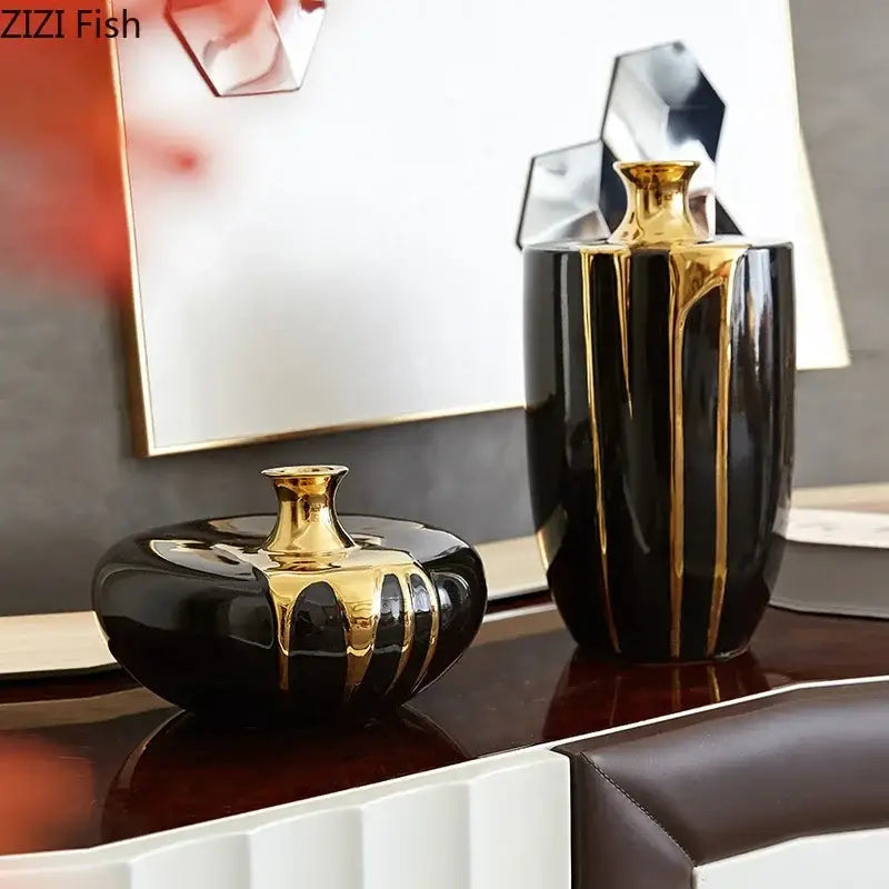 Elegant black & gold ceramic vase set living room luxury decor