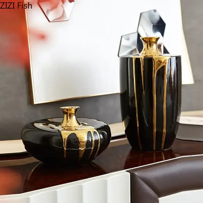 Elegant black & gold ceramic vase set living room luxury decor