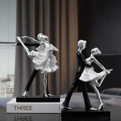Elegant black & white ballet dance girl double statue living room decor