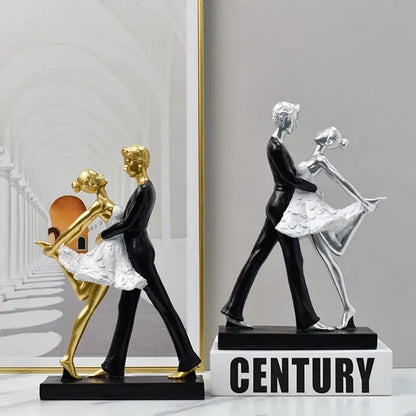 Elegant black & white ballet dance girl double statue living room decor
