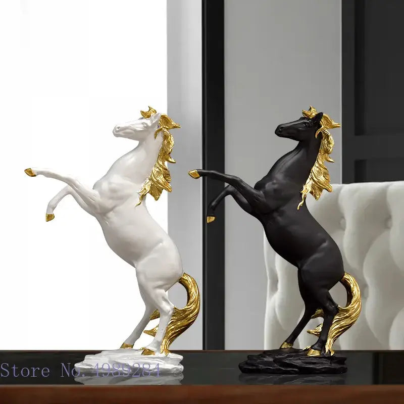 Elegant black & white golden horse animal sculpture living room decor
