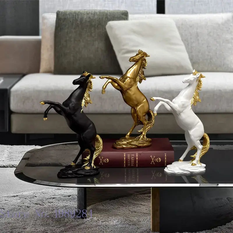 Elegant black & white golden horse animal sculpture living room decor
