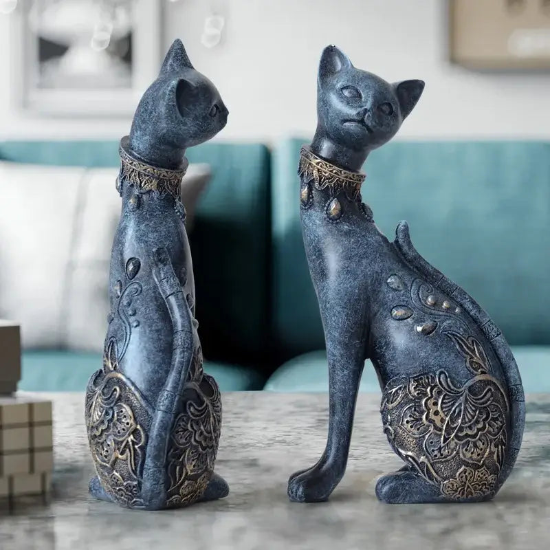 Elegant blue and gold cat statue living room decor