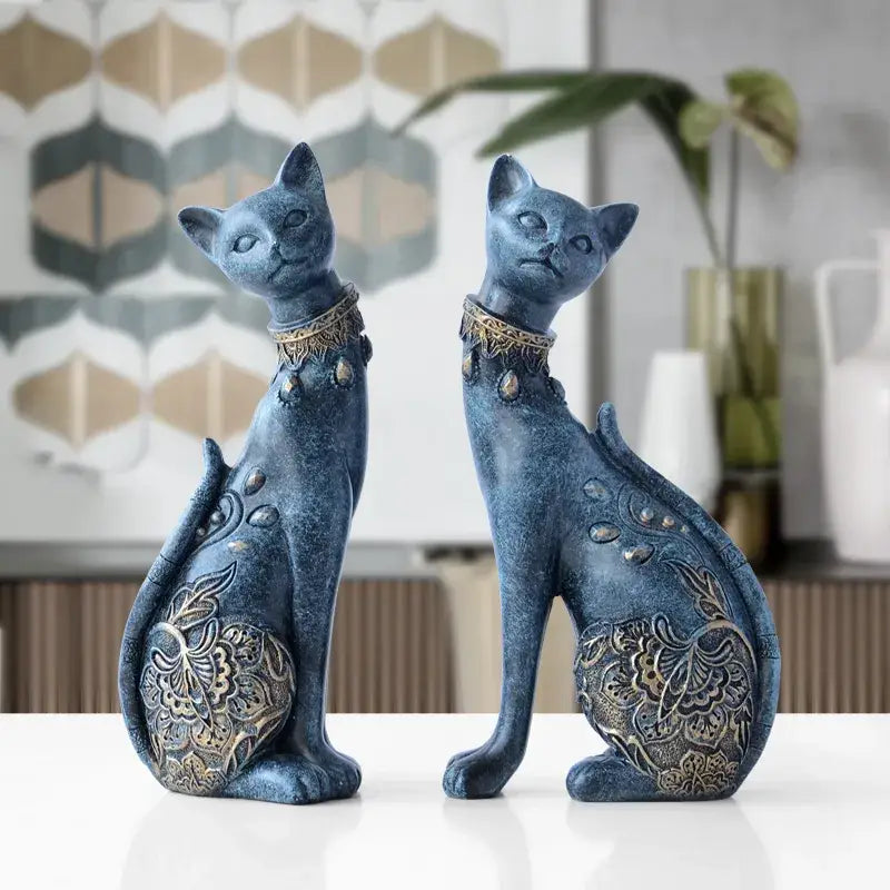 Elegant blue and gold cat statue living room decor