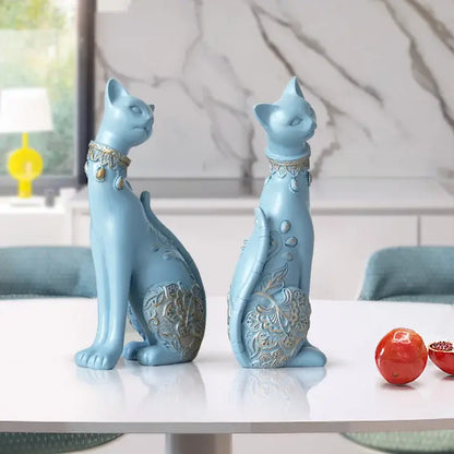 Elegant blue and gold cat statue living room decor