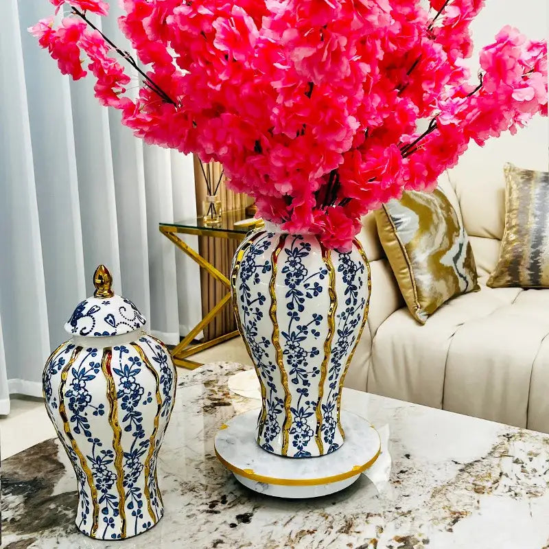 Elegant blue glazed ceramic ginger jar living room floral vase