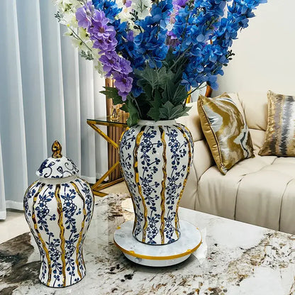 Elegant blue glazed ceramic ginger jar living room floral vase