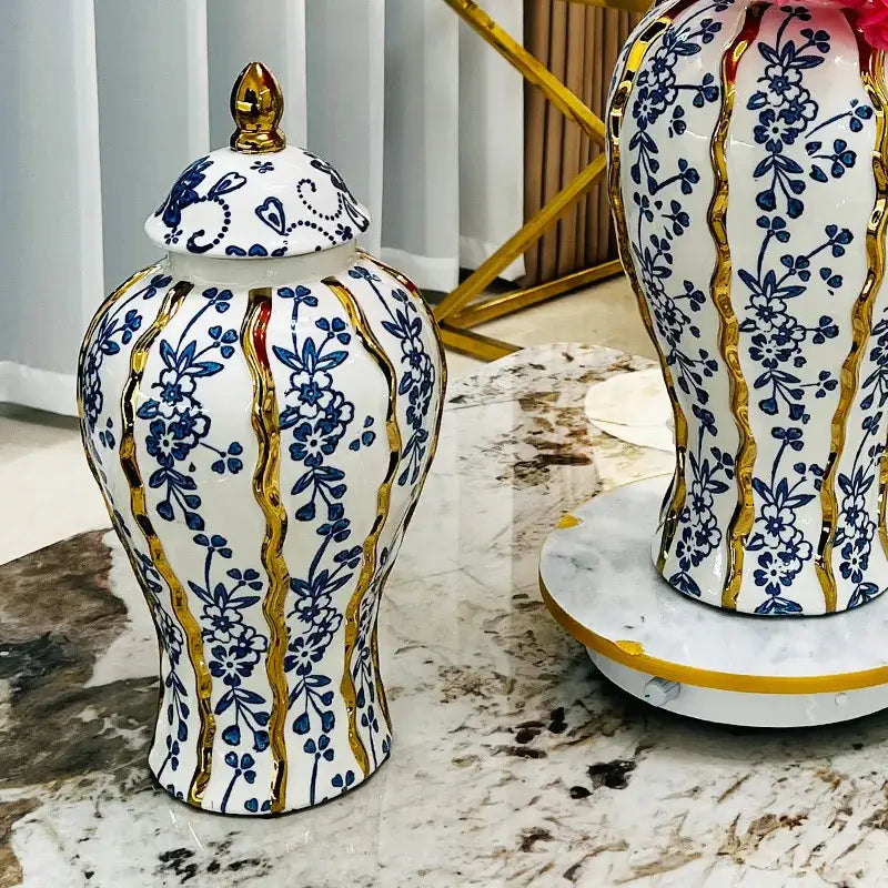 Elegant blue glazed ceramic ginger jar living room floral vase
