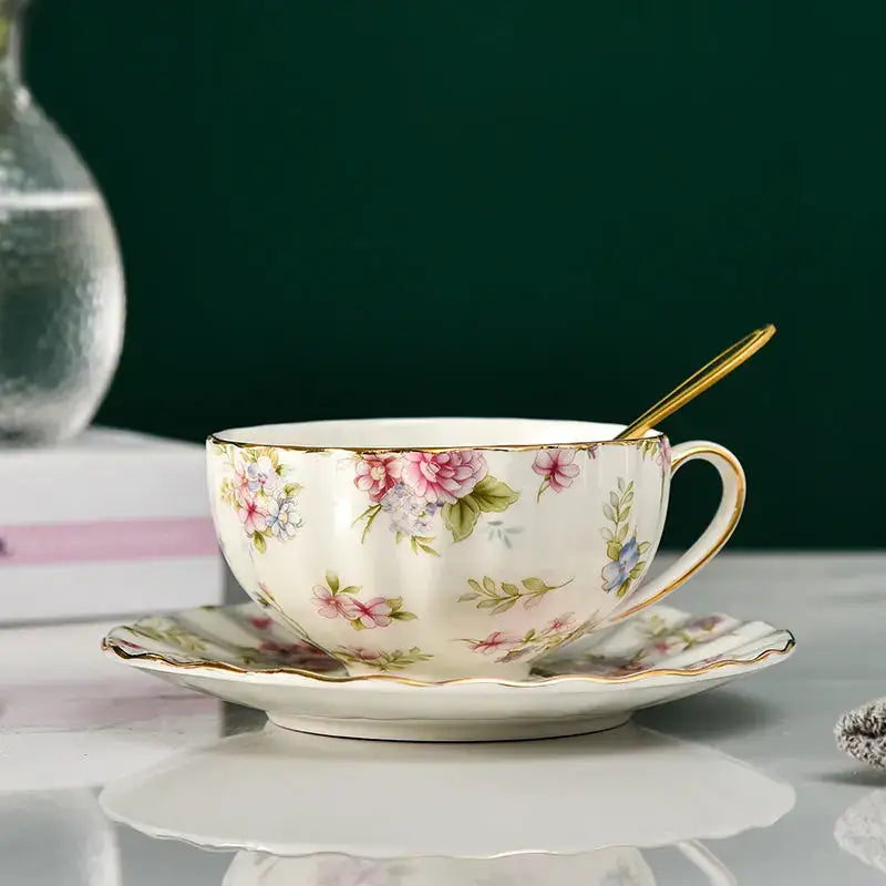 Elegant blue & pink floral porcelain tea cup set dining room