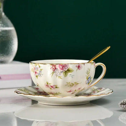 Elegant blue & pink floral porcelain tea cup set dining room