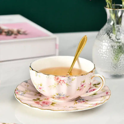 Elegant blue & pink floral porcelain tea cup set dining room