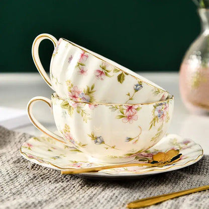 Elegant blue & pink floral porcelain tea cup set dining room