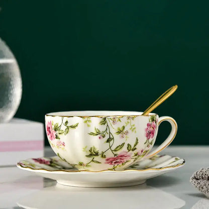 Elegant blue & pink floral porcelain tea cup set dining room