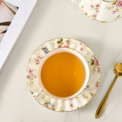 Elegant blue & pink floral porcelain tea cup set dining room