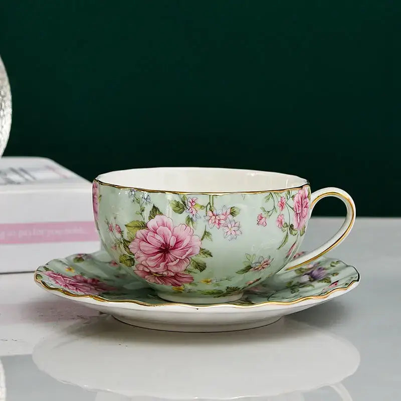 Elegant blue & pink floral porcelain tea cup set dining room