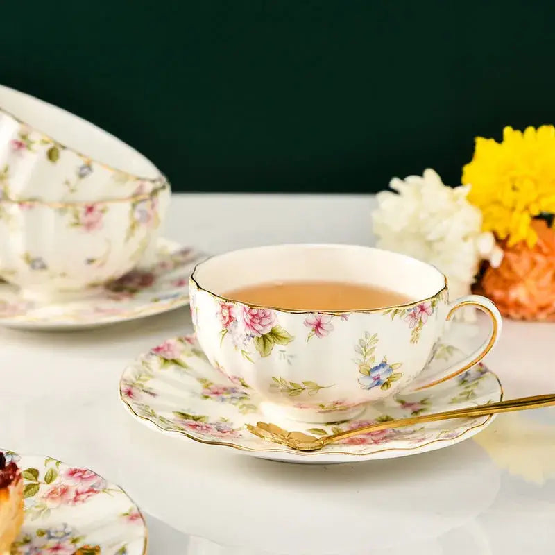 Elegant blue & pink floral porcelain tea cup set dining room