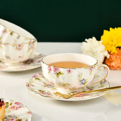 Elegant blue & pink floral porcelain tea cup set dining room