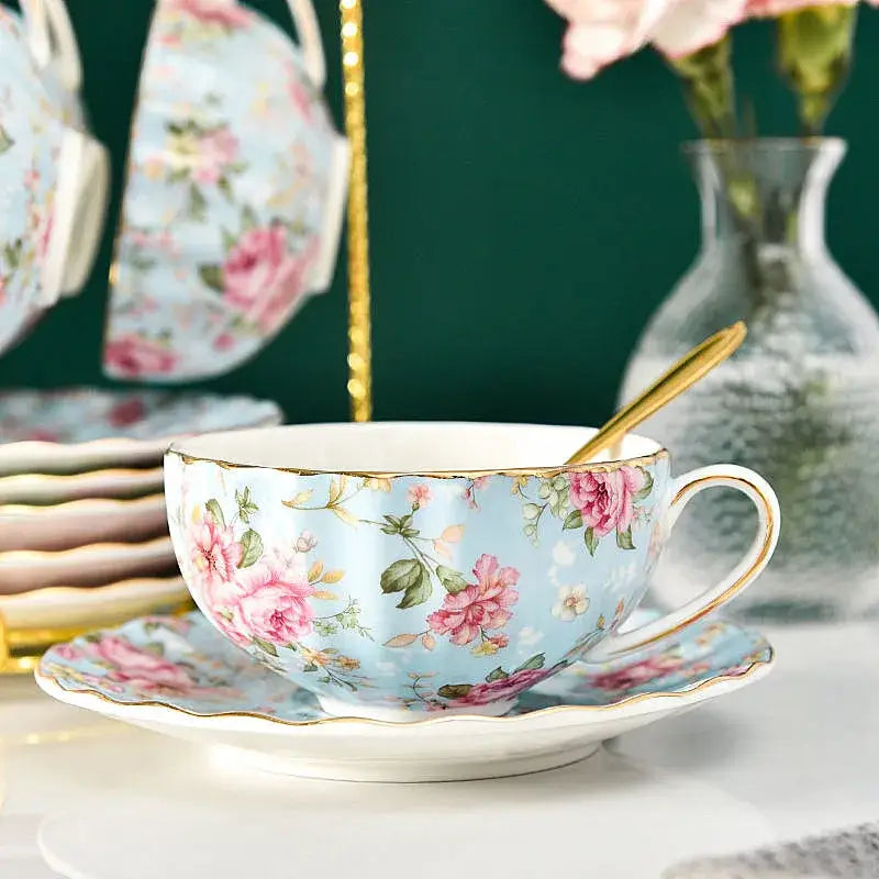 Elegant blue & pink floral porcelain tea cup set dining room