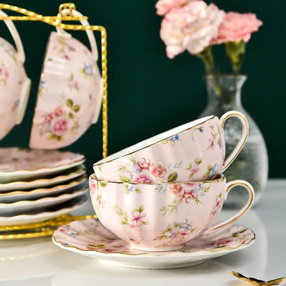 Elegant blue & pink floral porcelain tea cup set dining room