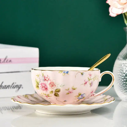 Elegant blue & pink floral porcelain tea cup set dining room