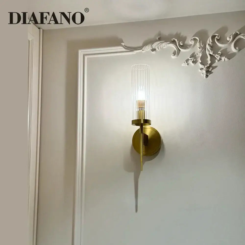 Elegant brass & black glass tube wall sconce living room light