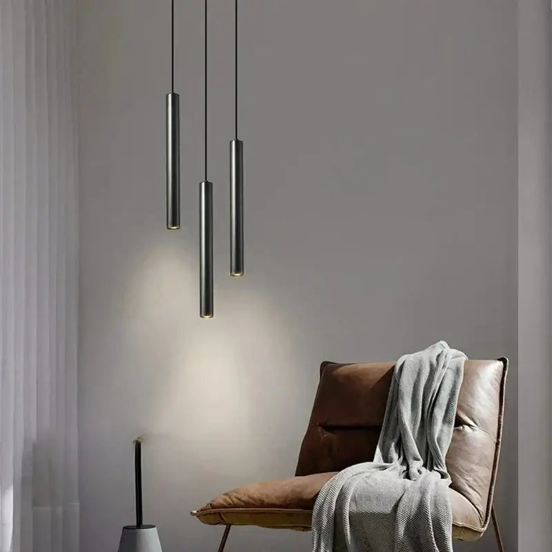 Elegant brass pendant light – dining room matte black cylindrical design