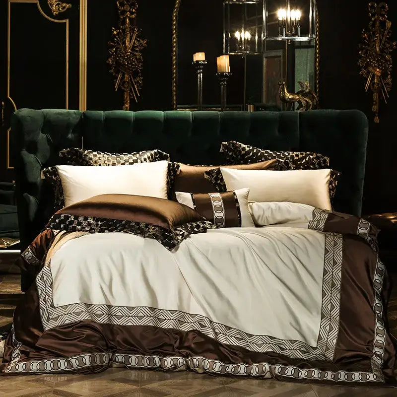 Elegant brown & cream 200s embroidery egyptian cotton bedding set bedroom