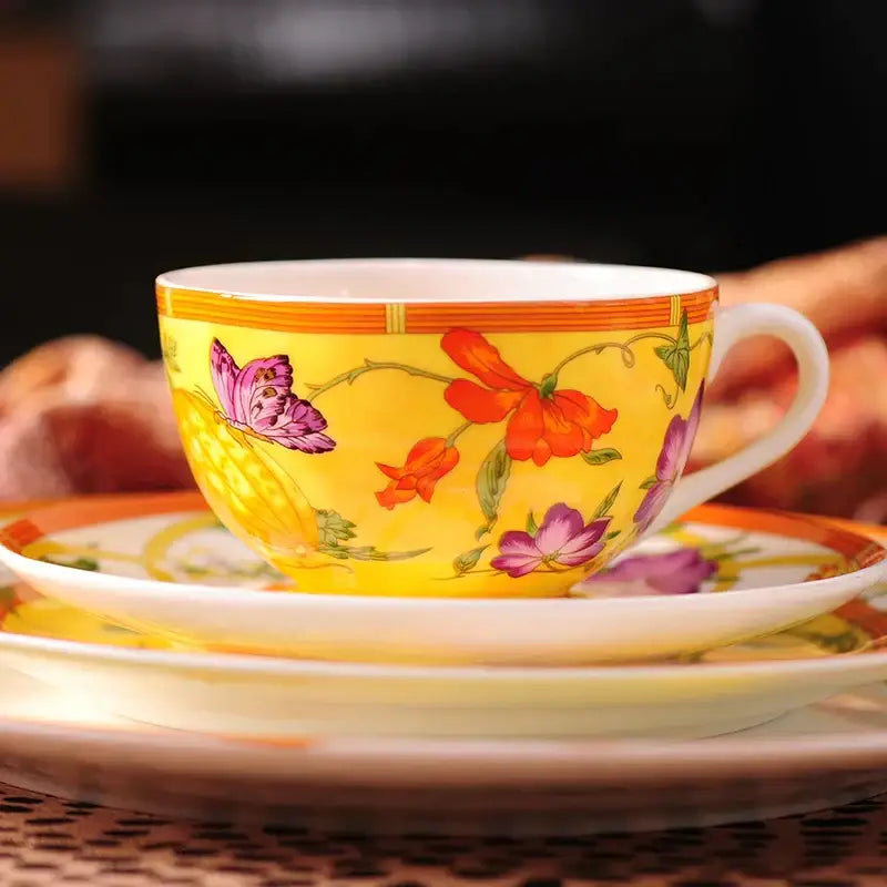 Elegant butterfly kitchen tableware set yellow porcelain floral design