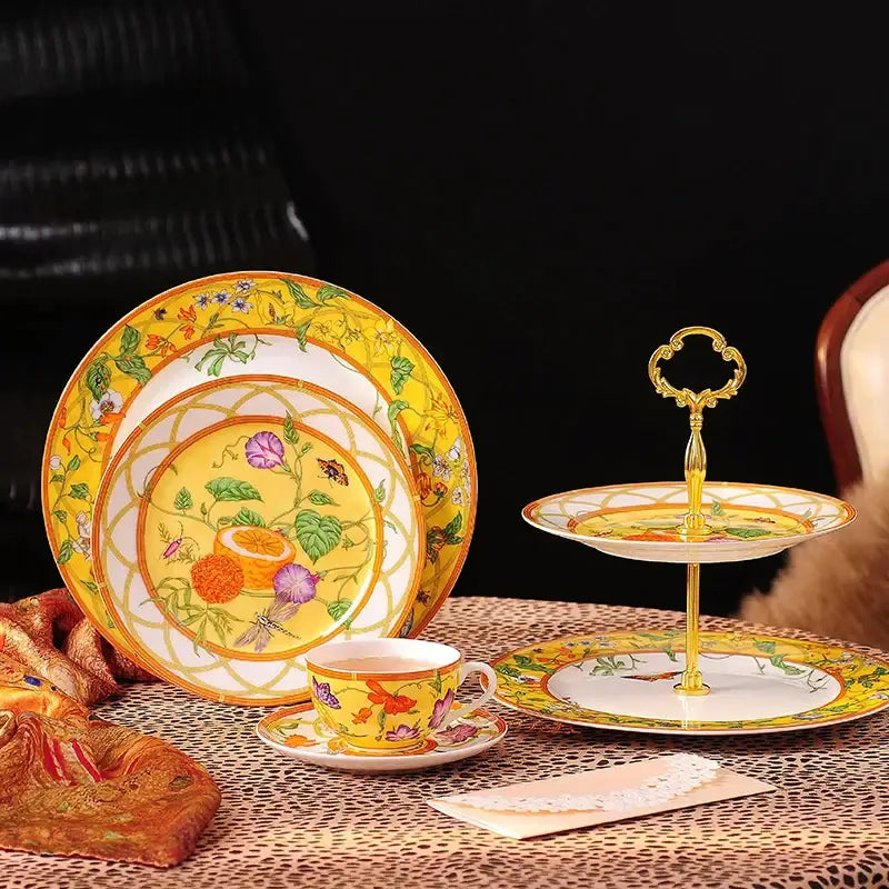 Elegant butterfly kitchen tableware set yellow porcelain floral design