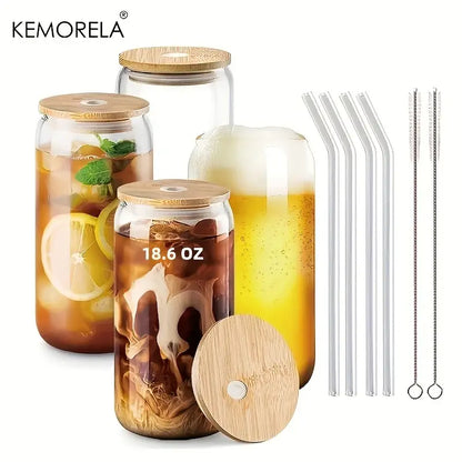 Elegant clear glass bubble tea cup set with bamboo lid dining room