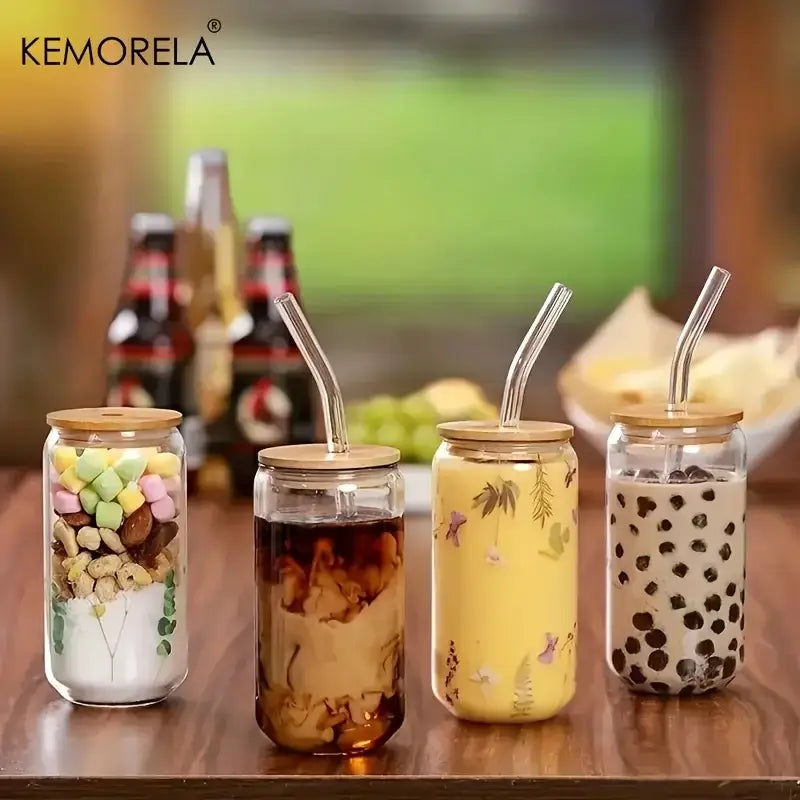 Elegant clear glass bubble tea cup set with bamboo lid dining room