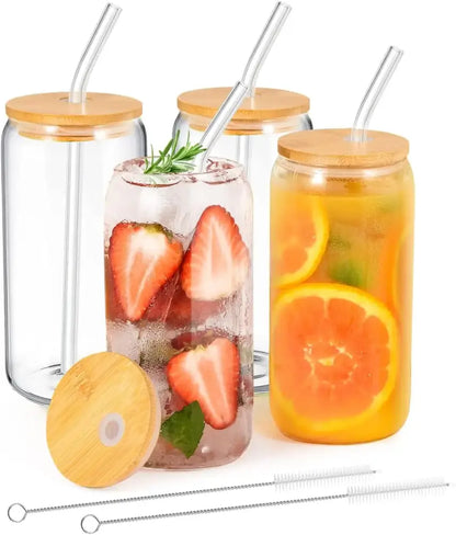 Elegant clear glass bubble tea cup set with bamboo lid dining room