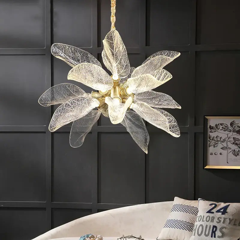 Elegant copper chandelier light for dining room leaf glass petals