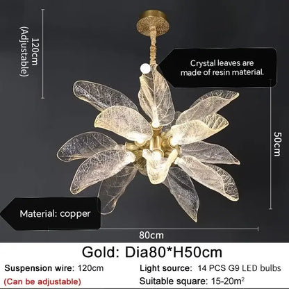 Elegant copper chandelier light for dining room leaf glass petals