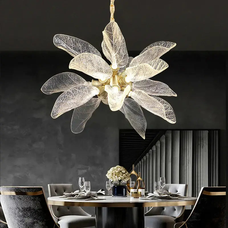 Elegant copper chandelier light for dining room leaf glass petals