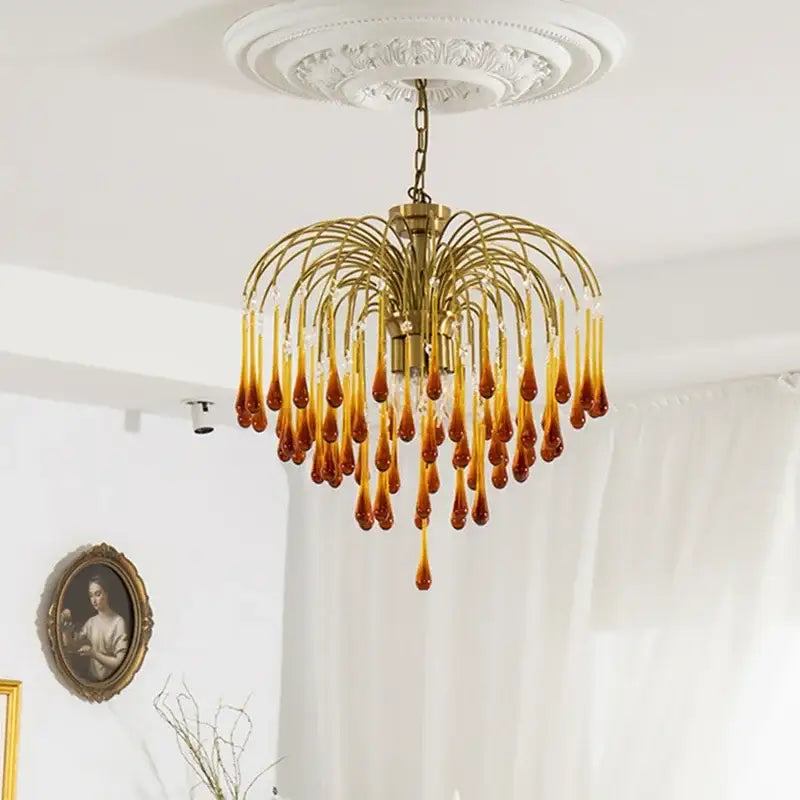 Elegant crystal ceiling chandelier amber & clear dining room