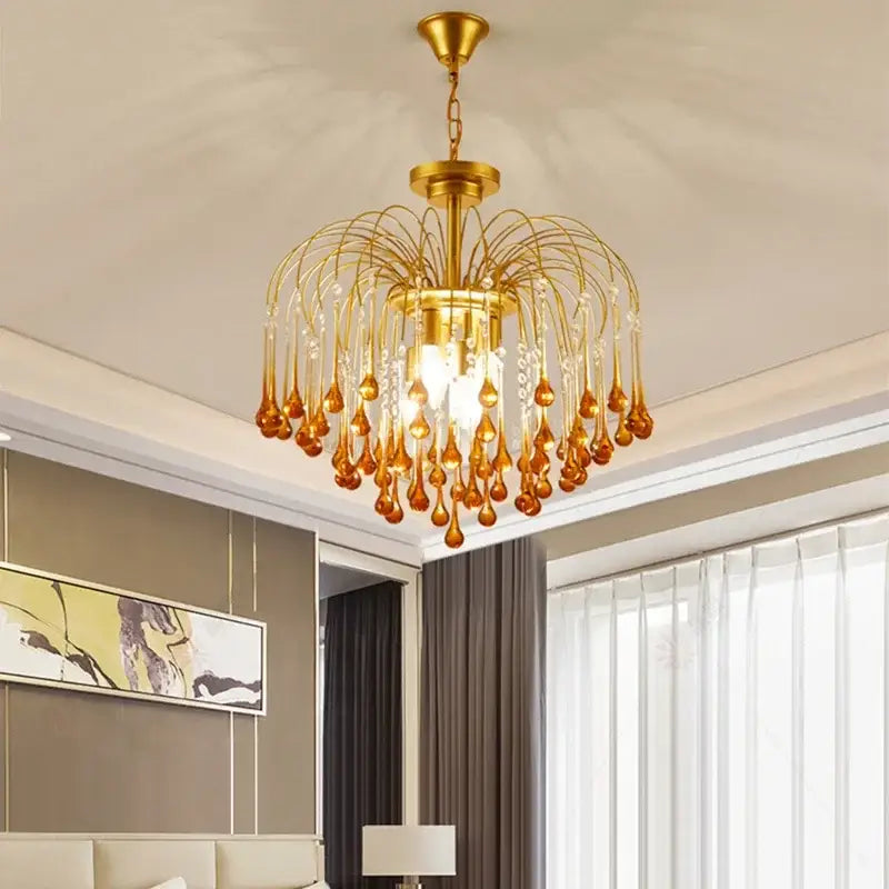 Elegant crystal ceiling chandelier amber & clear dining room
