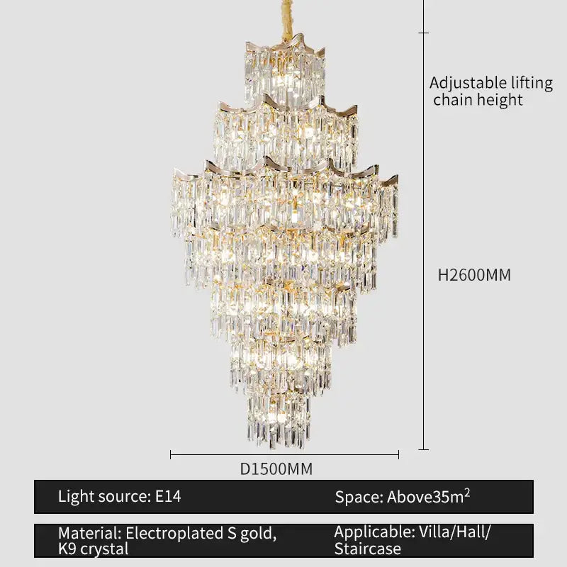 Elegant crystal chandelier gold multi-tiered living room light