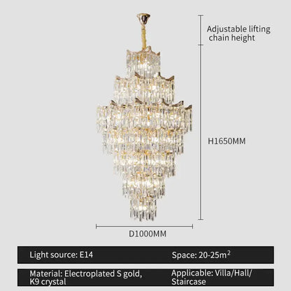 Elegant crystal chandelier gold multi-tiered living room light