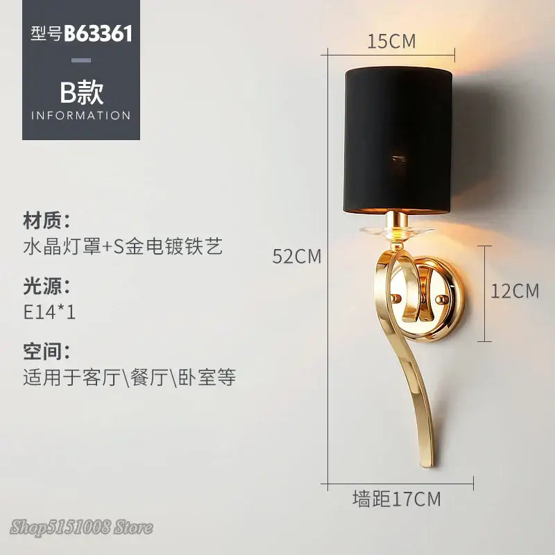 Elegant crystal gold wall lamp for bedroom with black fabric shade