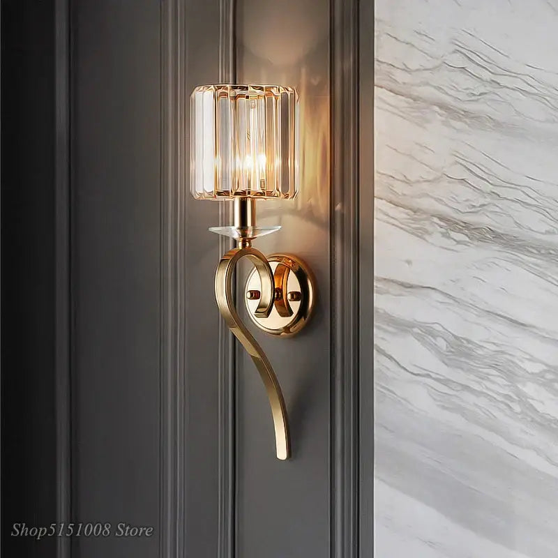 Elegant crystal gold wall lamp for bedroom with black fabric shade