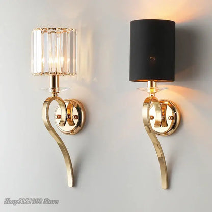 Elegant crystal gold wall lamp for bedroom with black fabric shade