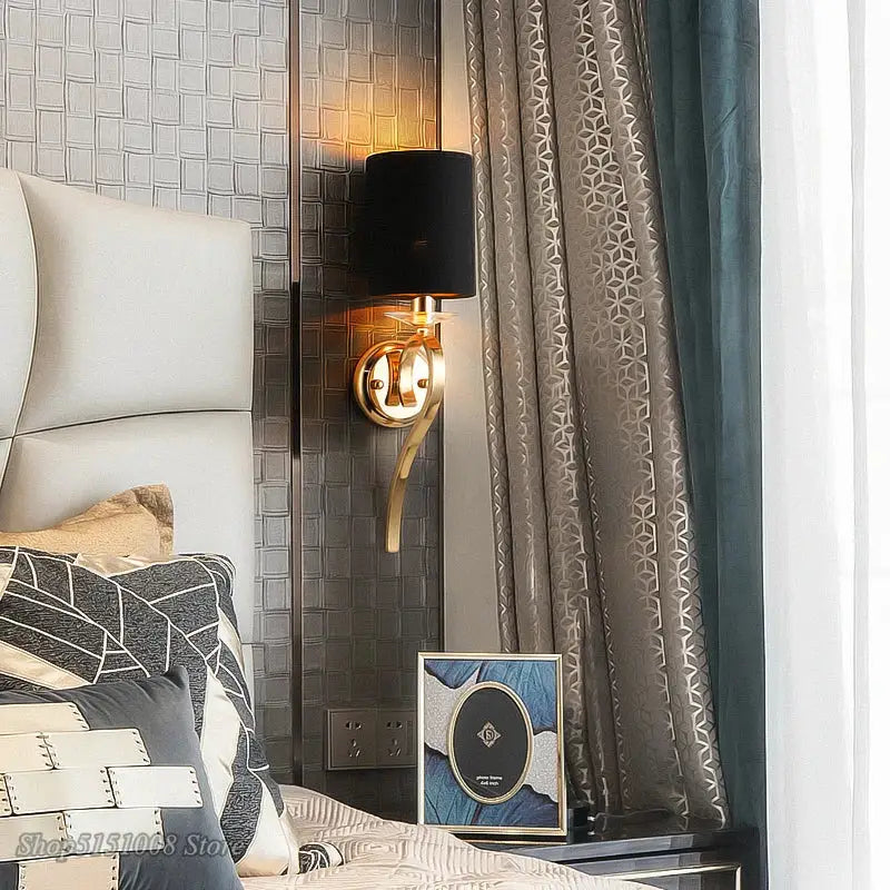 Elegant crystal gold wall lamp for bedroom with black fabric shade