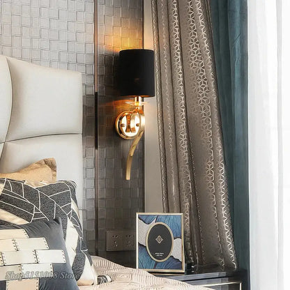 Elegant crystal gold wall lamp for bedroom with black fabric shade