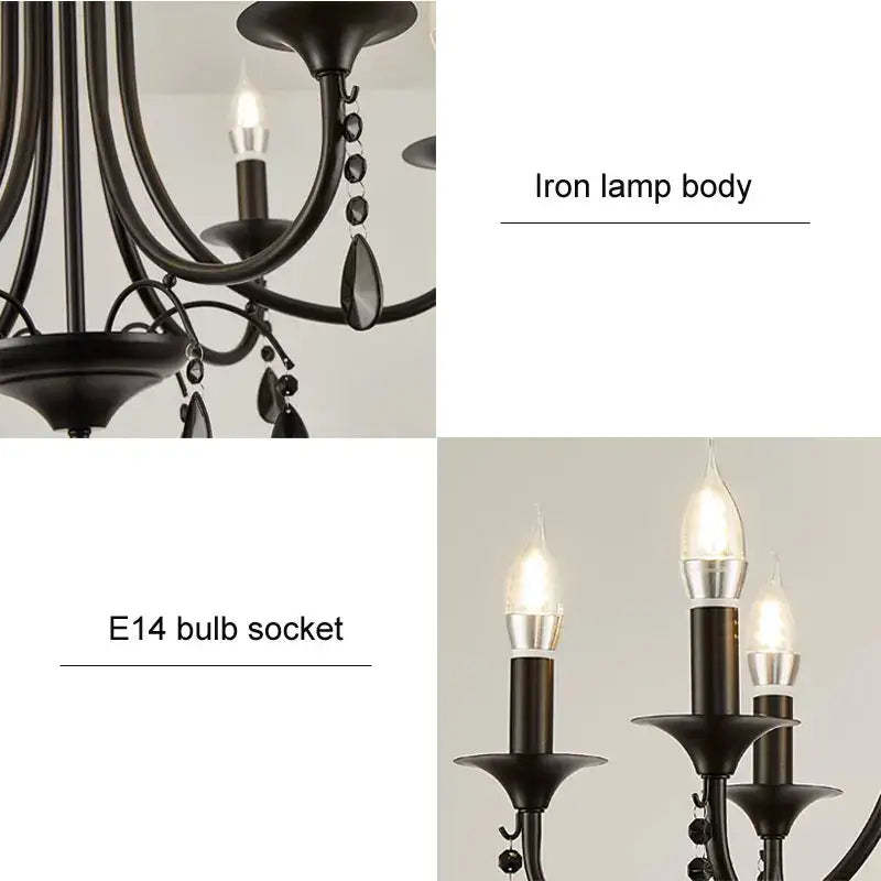 Elegant crystal pendant chandelier black iron 6 light dining room