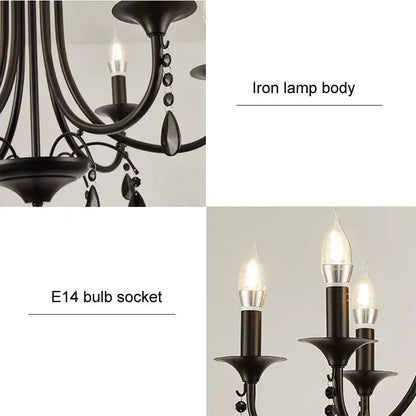 Elegant crystal pendant chandelier black iron 6 light dining room