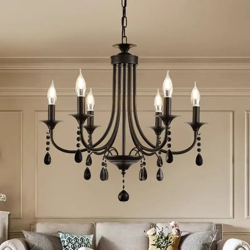 Elegant crystal pendant chandelier black iron 6 light dining room