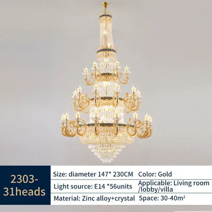 Elegant duplex crystal chandelier gold living room light
