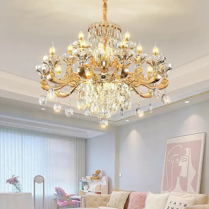 Elegant duplex crystal chandelier gold living room light